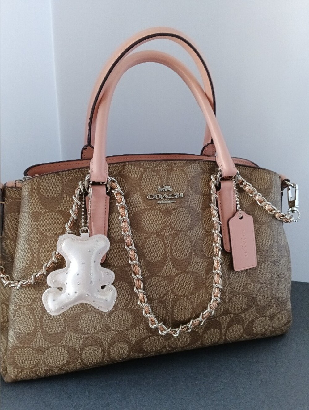 Coach Sage Carryall in Signature Canvas with Peachy Pink Leather Trim with Handl - Picture 9 of 11